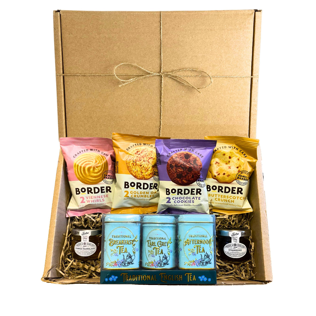 Tea Gift Set Hamper with Border Biscuits, Strawberry Jam & Marmalade Pots With Afternoon, Breakfast & Earl Grey Loose Tea in Mini English Tea Tins