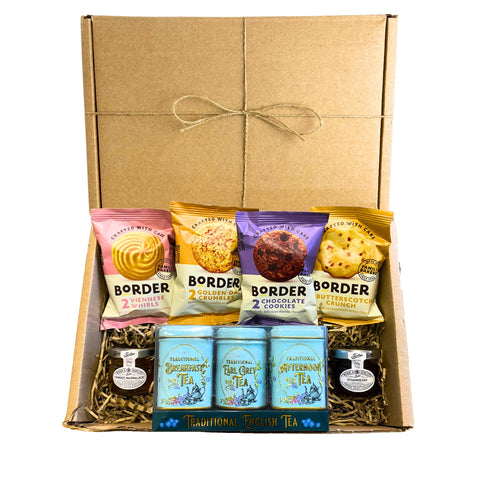 Tea Gift Set Hamper with Border Biscuits, Strawberry Jam & Marmalade Pots With Afternoon, Breakfast & Earl Grey Loose Tea in Mini English Tea Tins