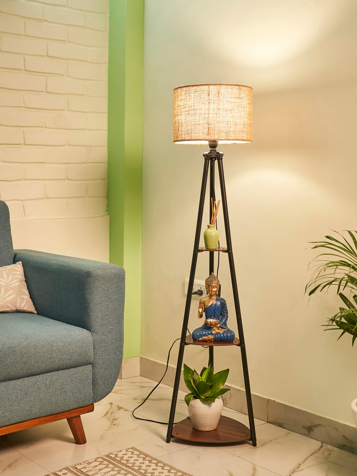 Crosscut Furniture Metal Floor Lamp with 3 Shelves (Brown Jute)