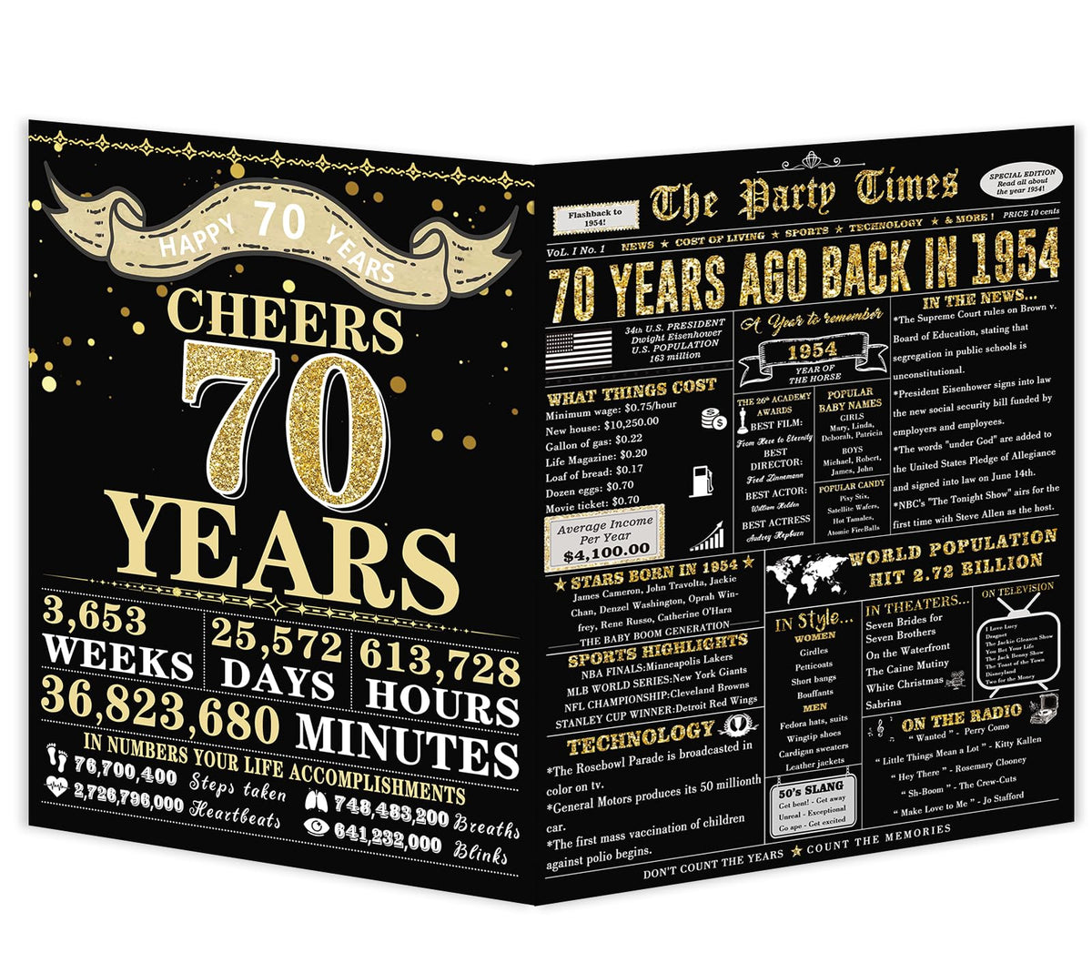 Zyulin 70th Birthday Card, Happy 70th Birthday Gifts for Women Men, Unique Gifts for 70 Year Old Grandpa Grandma, Back in 1954 Birthday Decorations