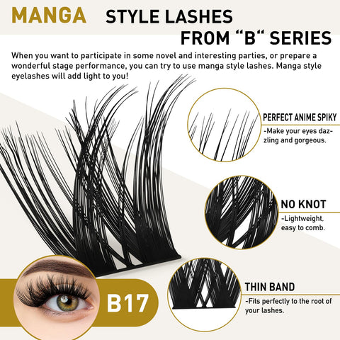 B&Qaugen False Eyelash, B17 D Curl 16mm Vegan, Cruelty Free Individual Lashes Extensions, 72 Clusters, DIY at Home