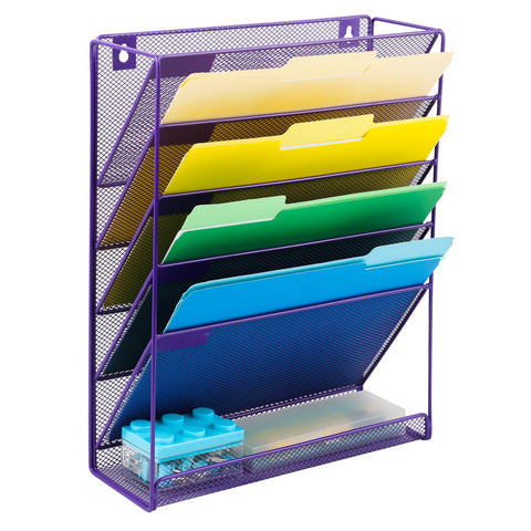 EASEPRES 6 Tier Purple Wall Mounted File A4 Paper Holder Organiser Vertical Wall Hanging Mesh Magazine Maill Storage Rack for School Office Home