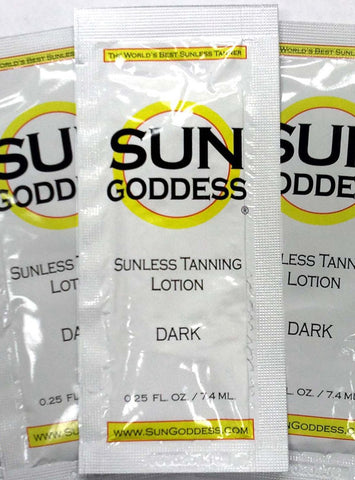 Sun Goddess - Sunless Self Tanning Lotion Dark Tanner Samples. Includes (3) .25 oz. Sun Goddess Sunless Self Tanning Lotion Tanner Samples. Sun Goddess - The World's Best Sunless Tanner