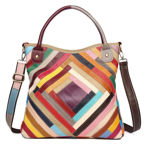 Segater® Womens Genuine Leather Tote Multicolor Handbag Random Color Matching Hobo Crossbody Shoulder Bag Top-Handle Purses Fashion Satchels