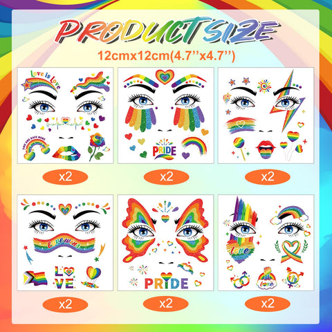 HOWAF 12 Sheets Gay Pride Glitter Face Tattoos, Rainbow LGBT Temporary Tattoo for Pride Day Party Parades Celebrations, Love is Love Face Painting Tattoos Stickers for Adults Pride Month Supplies