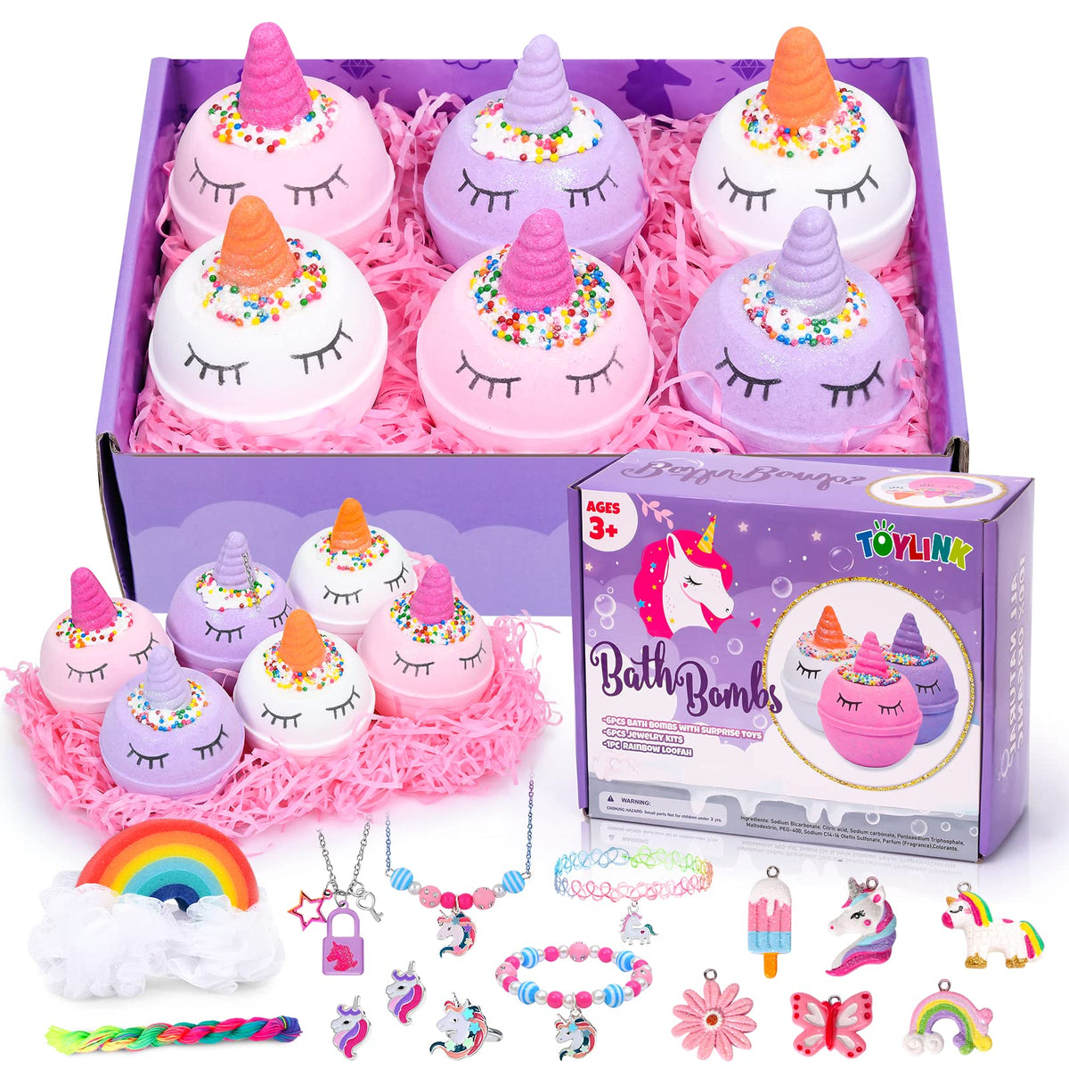 Toylink Unicorn Bath Bombs for Kids with Surprise Inside Girls Unicorns Birthday Gifts Toys for 3 4 5 6 7 8 Organic Bath Bomb Jewelry Charm Bracelets Necklaces Rainbow Bath Sponge Set