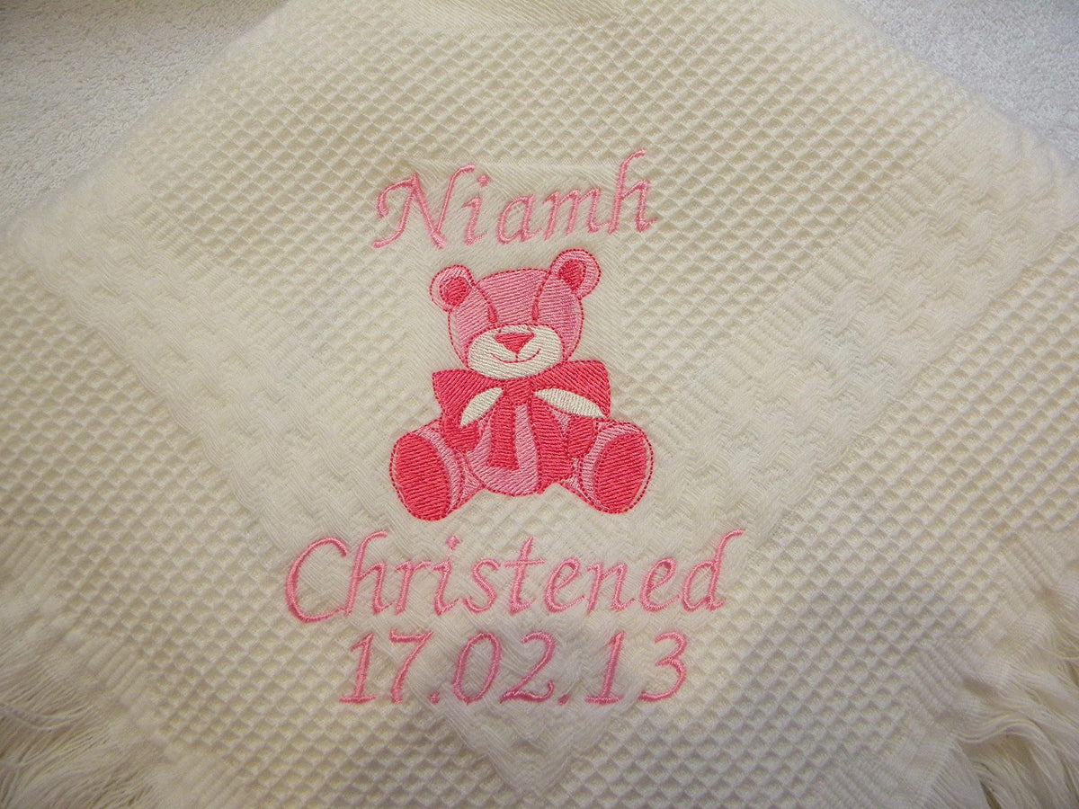 Personalised Baby Shawl with Teddy Available in Pink, Blue, White or Cream with Name and Date (White)