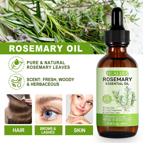 Rosemary Oil for Hair Growth, 100% Pure Rosemary Essential Oil for Skin, Face, Eyebrow and Eyelash Growth, Body Massage, Nourishes The Scalp, Improve Blood Circulation, 60ml