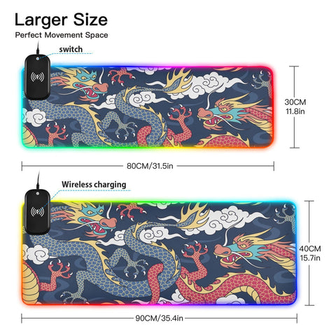 Blue Red Dragons Wireless Charging Mouse Pad for Mobile Phone Extra Large Gaming Mousepad with 13 Lighting Modes Keyboard Mat for MacBook PC Laptop Desk Office Home Gaming