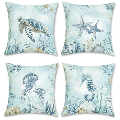 Bonhause Coastal Blue Throw Pillow Covers 18 x 18 Inch Sea Turtle Seahorse Starfish Beach Decorative Pillow Cases Ocean Cushion Covers for Sofa Bed Home Decor Set of 4