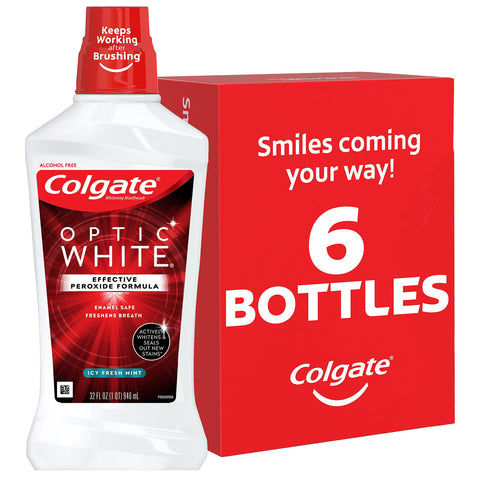 Colgate Optic White Whitening Mouthwash with Hydrogen Peroxide, Alcohol Free, Icy Fresh Mint - 32 fluid ounces (6 Pack)