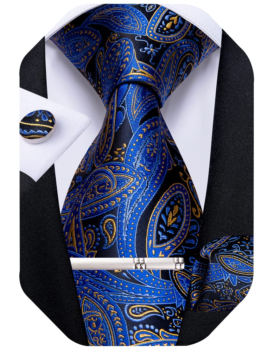 DiBanGu Men's Necktie Handkerchief Silk Paisley Floral Tie Pocket Square Cufflink Set (Yellow Royal Blue)