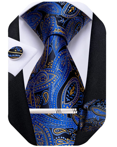 DiBanGu Men's Necktie Handkerchief Silk Paisley Floral Tie Pocket Square Cufflink Set (Yellow Royal Blue)