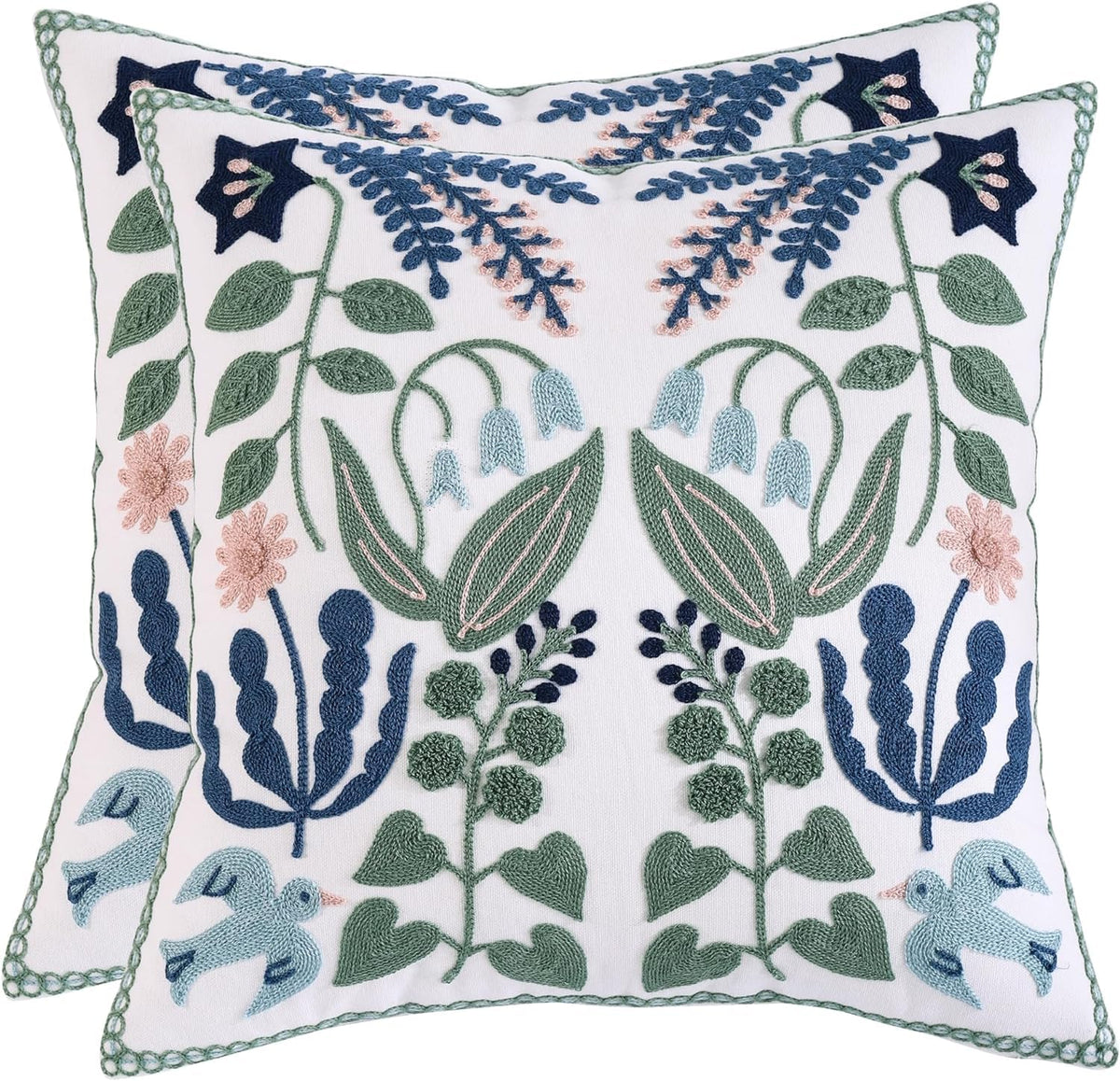 Tosleo Embroidered Decorative Throw Pillow Covers 16x16 inch Pack of 2 Green Leaves with Birds Floral Pillowcases Farmhouse Pillow Cushion Cases Home Decor Square Blue Flower Pillow Case