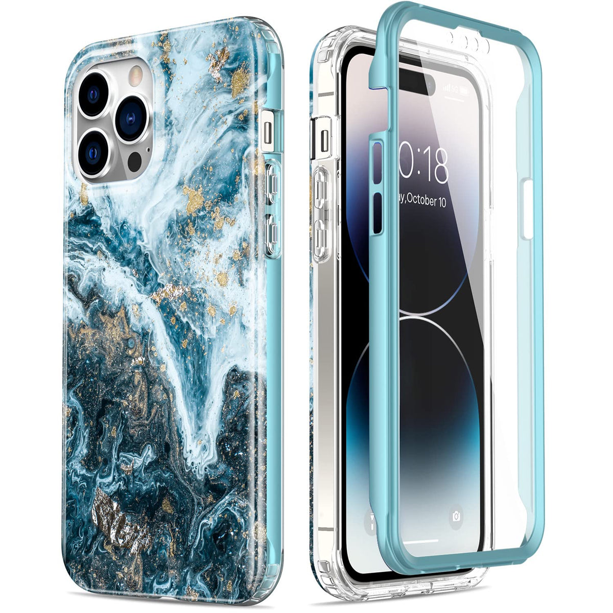 Esdot for iPhone 14 Pro Max Case with Built-in Screen Protector,Military Grade Rugged Cover with Fashionable Designs for Women Girls,Protective Phone Case 6.7" Opal Marble Teal Gold