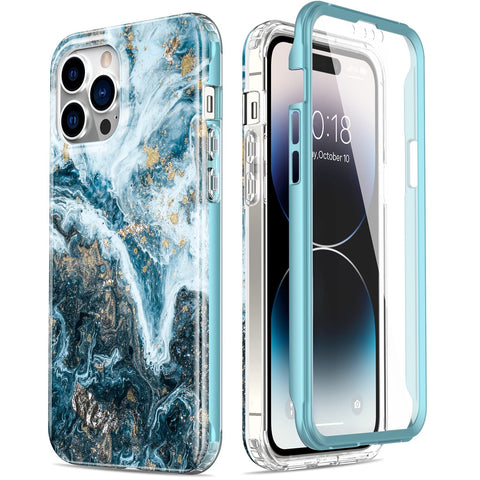 Esdot for iPhone 14 Pro Max Case with Built-in Screen Protector,Military Grade Rugged Cover with Fashionable Designs for Women Girls,Protective Phone Case 6.7" Opal Marble Teal Gold