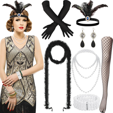Hestya 1920s Flapper Dress for Women Costume Halloween Vintage Fringed Sequin Dress with 20s Accessories Set (Khaki, Extra Extra Large)