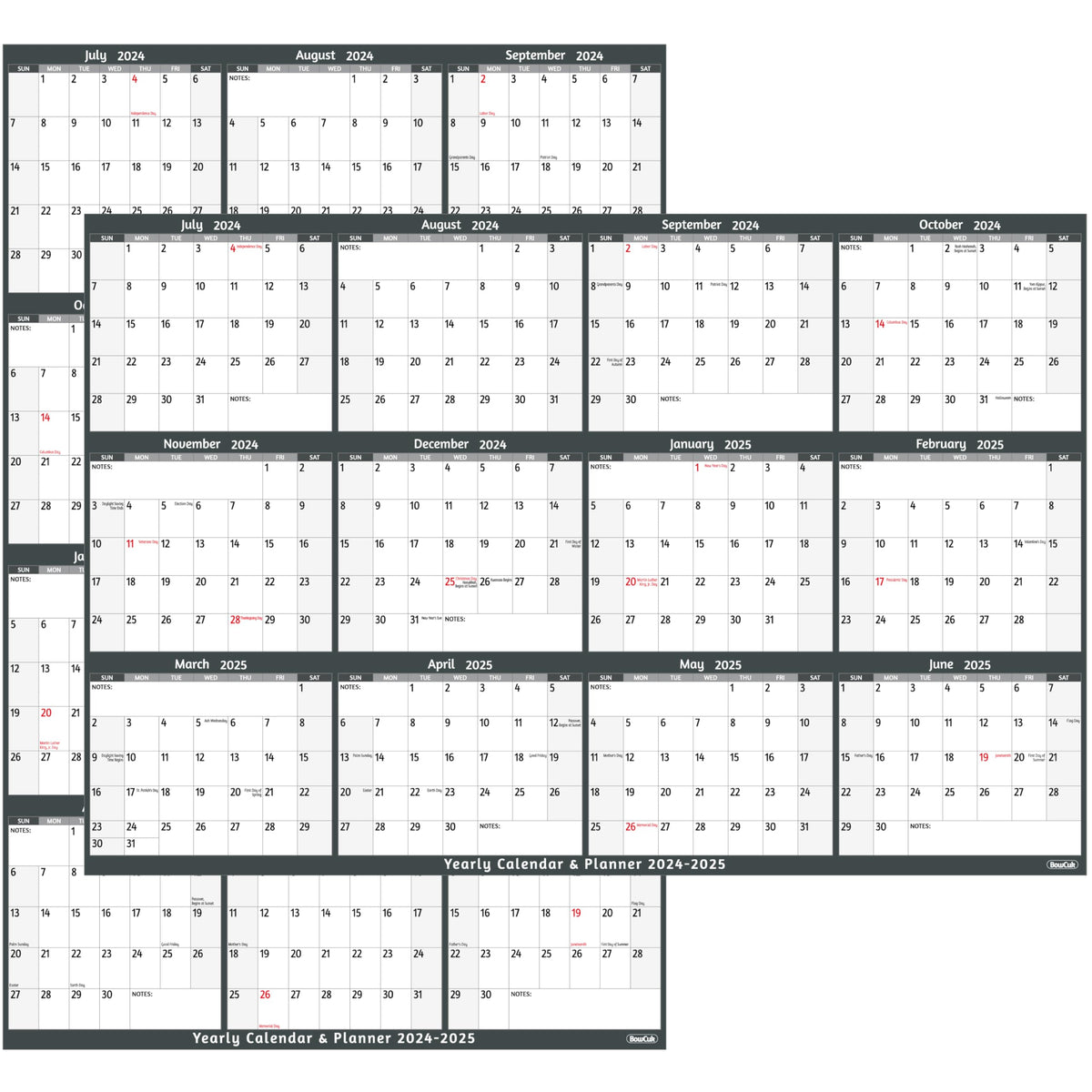 2024-2025 Dry Erase Calendar - Large Yearly Wall calendar, 38.2'' x 25.2'', 2-Side Reversible Calendar, Vertical/Horizontal, Jul.2024 - Jun.2025, Grey