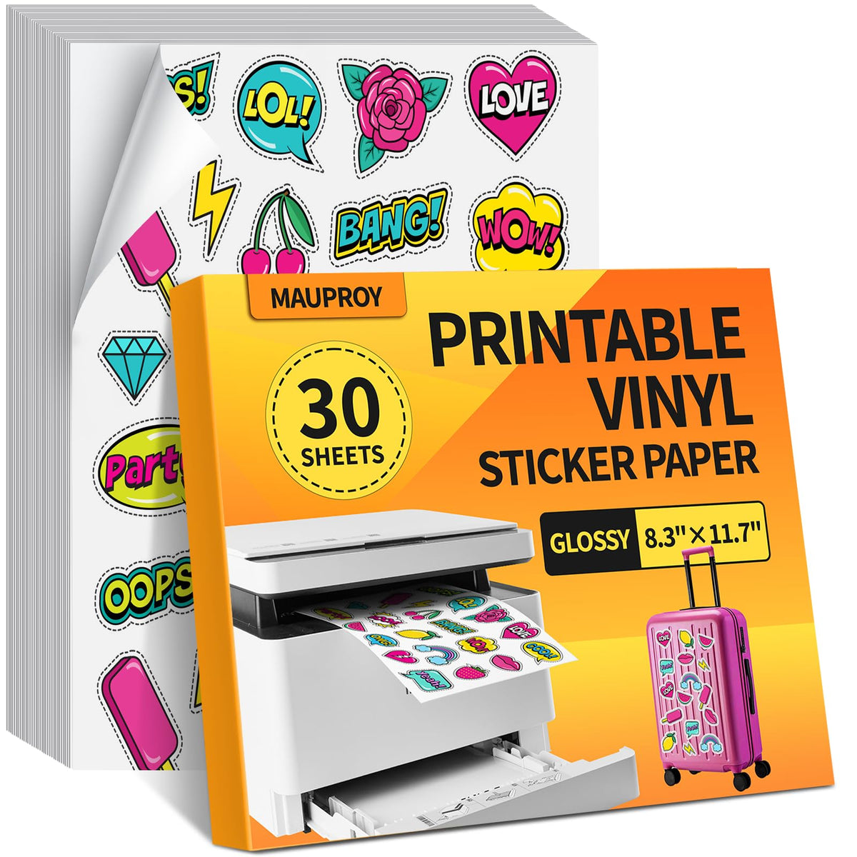 Mauproy 30Pcs Printable Vinyl Sticker Paper for Inkjet Printer, 8.3 x 11.7 Inches White Glossy Sticker Paper, Self-Adhesive Sticker Paper, Dries Quickly Vivid Colors