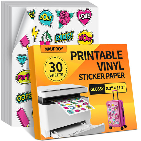 Mauproy 30Pcs Printable Vinyl Sticker Paper for Inkjet Printer, 8.3 x 11.7 Inches White Glossy Sticker Paper, Self-Adhesive Sticker Paper, Dries Quickly Vivid Colors