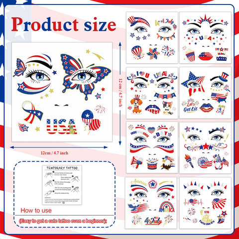 HOWAF 9 Sheets 4th of July Glitter Face Tattoos, Independence Day Face Art Temporary Tattoo for USA Patriotic Parades Celebrations, Red White Blue Face Tattoos Stickers for July Fourth Supplies