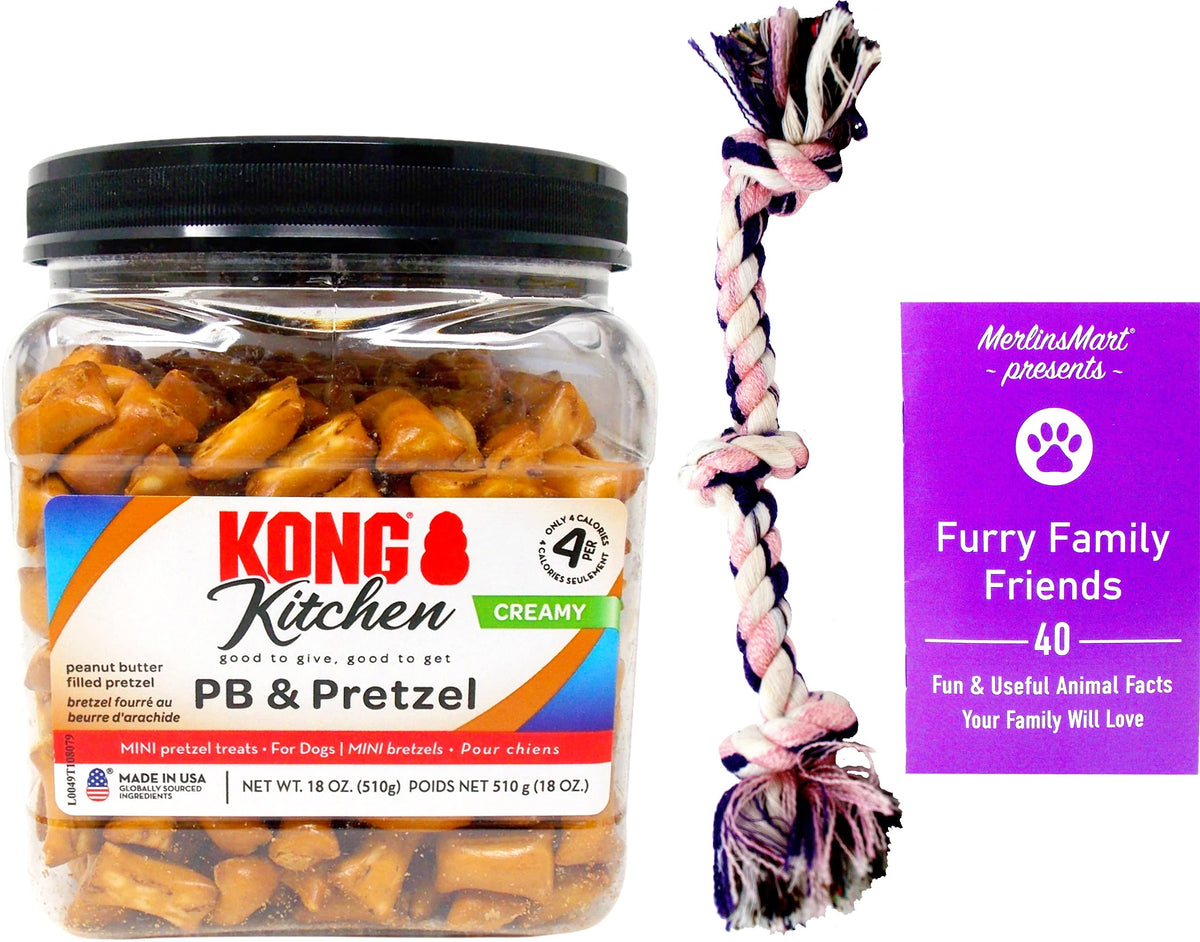 Kong Creamy PB & Pretzel Dog Treats - Peanut Butter Filled Mini Snacks (18 Ounces) - Plus Rope Toy and Fun Animal Facts Booklet Bundle