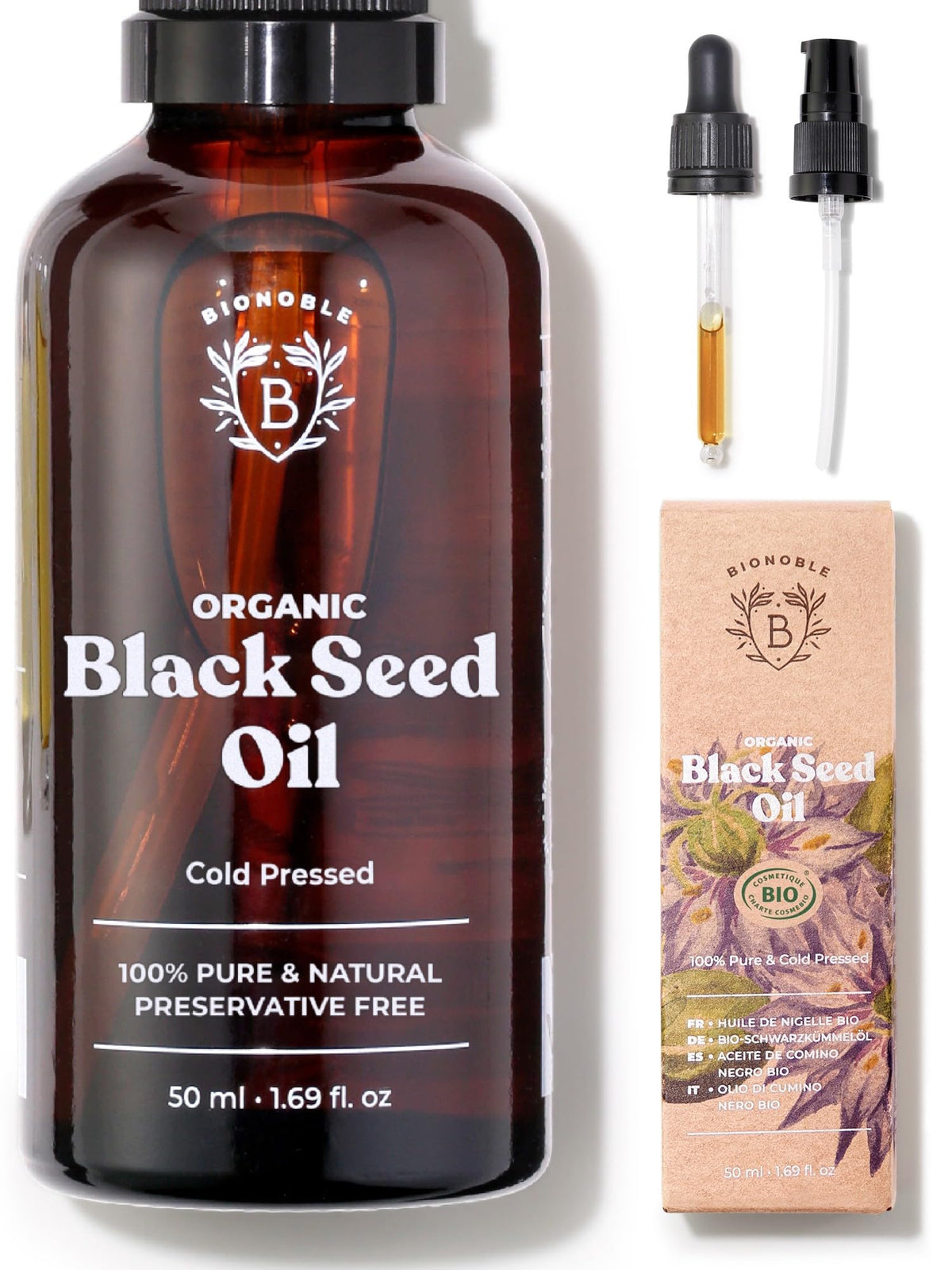 Bionoble Pure Organic Black Seed Oil, Cold Pressed 50ml - Glass bottle + Pipette + Pump - Black Cumin Seed Oil for Hair Growth - Anti-Acne, Purifying Skin Care - Nigella Sativa Oil