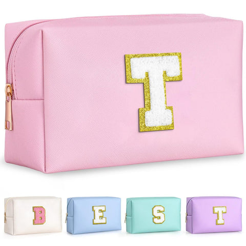 TOPEAST Dorm Room Essentials for Girls - Pink Initial Makeup Bag, College Essentials PU Leather Bag | Travel Car Essentials | Cute Stuff Birthday Gift for Friends Sister (Letter T)