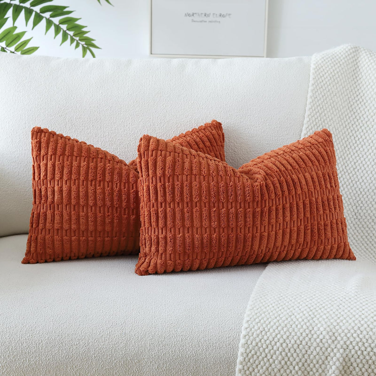JOTOM Set of 2 Corduroy Soft Striped Cushion Covers 30x50 cm Boho Decorative Throw Pillow Covers Lumbar Cushion Case Couch Home Decor Pillowcases for Sofa Bedroom 12x20 Inch (Rust)