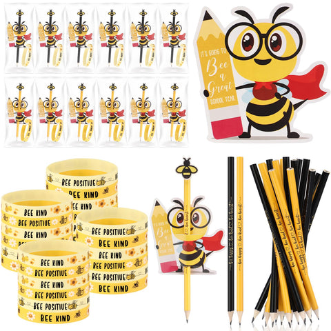 Weekgrat 48 Sets Bee Decorations for Classroom Cute Bee Pencil Bee Erasers Bulk Silicone Bracelet Inspirational Bee Cards Stocking Stuffers for Class Students Gifts from Teacher Classroom Decor