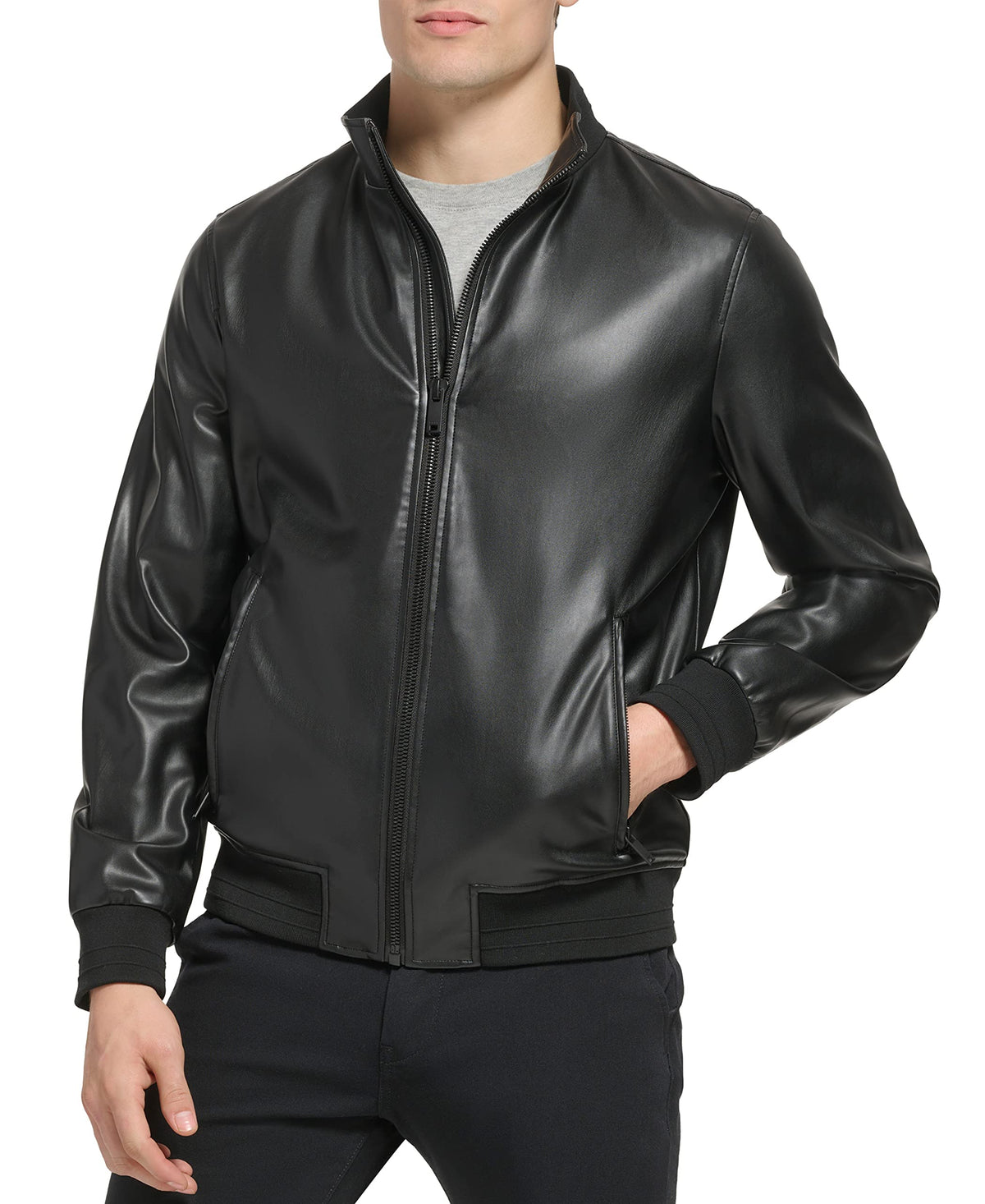 DKNY Men's Modern Knit Collar Bomber Jacket, Black Smooth Lamb