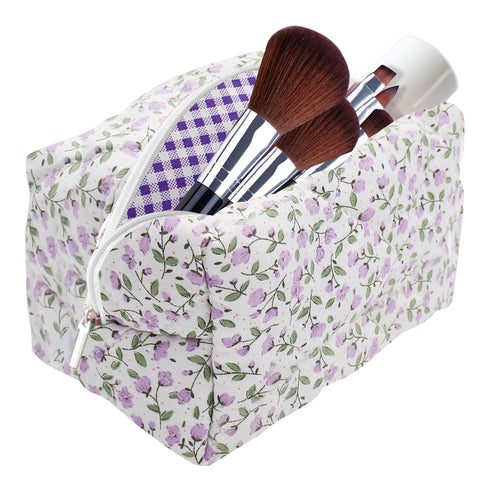 dark swan Cotton Quilted Makeup Bag, Cute Pouch Toiletry Bag Cosmetic Bag Quilted Floral Organizer Bag Travel Coquette Aesthetic Portable Storage Zipper Purse for Women, Purple, Cute
