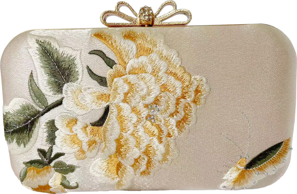 AININTON Embroidered Evening Bag for Women Pearl Handbag Crossbody Bag Silk Shoulder Bag Clutch Bag for Wedding Party Banquet, Champagne Gold