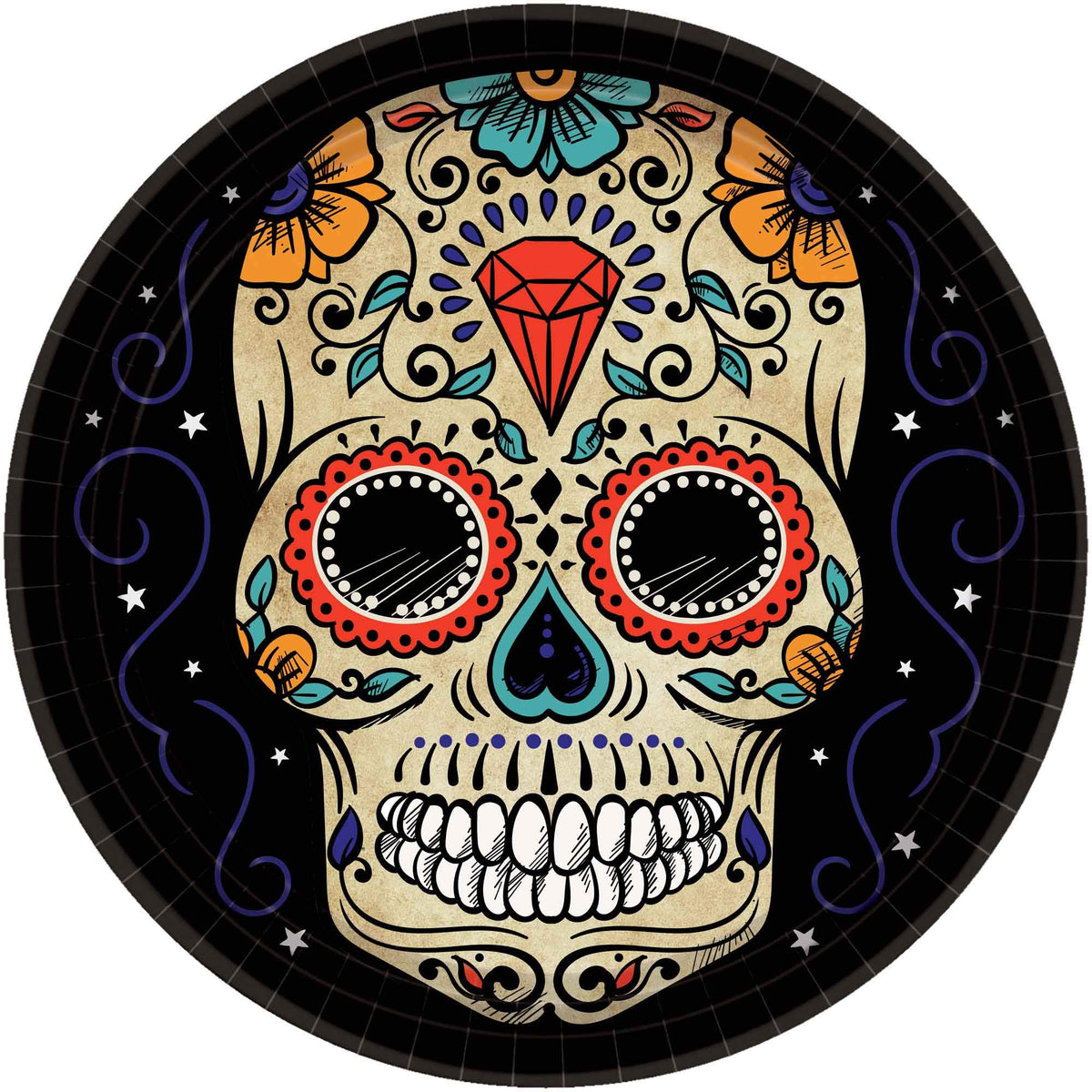 Sugar Skull Round Paper Plates - 10.5" | Multicolor | Pack of 18