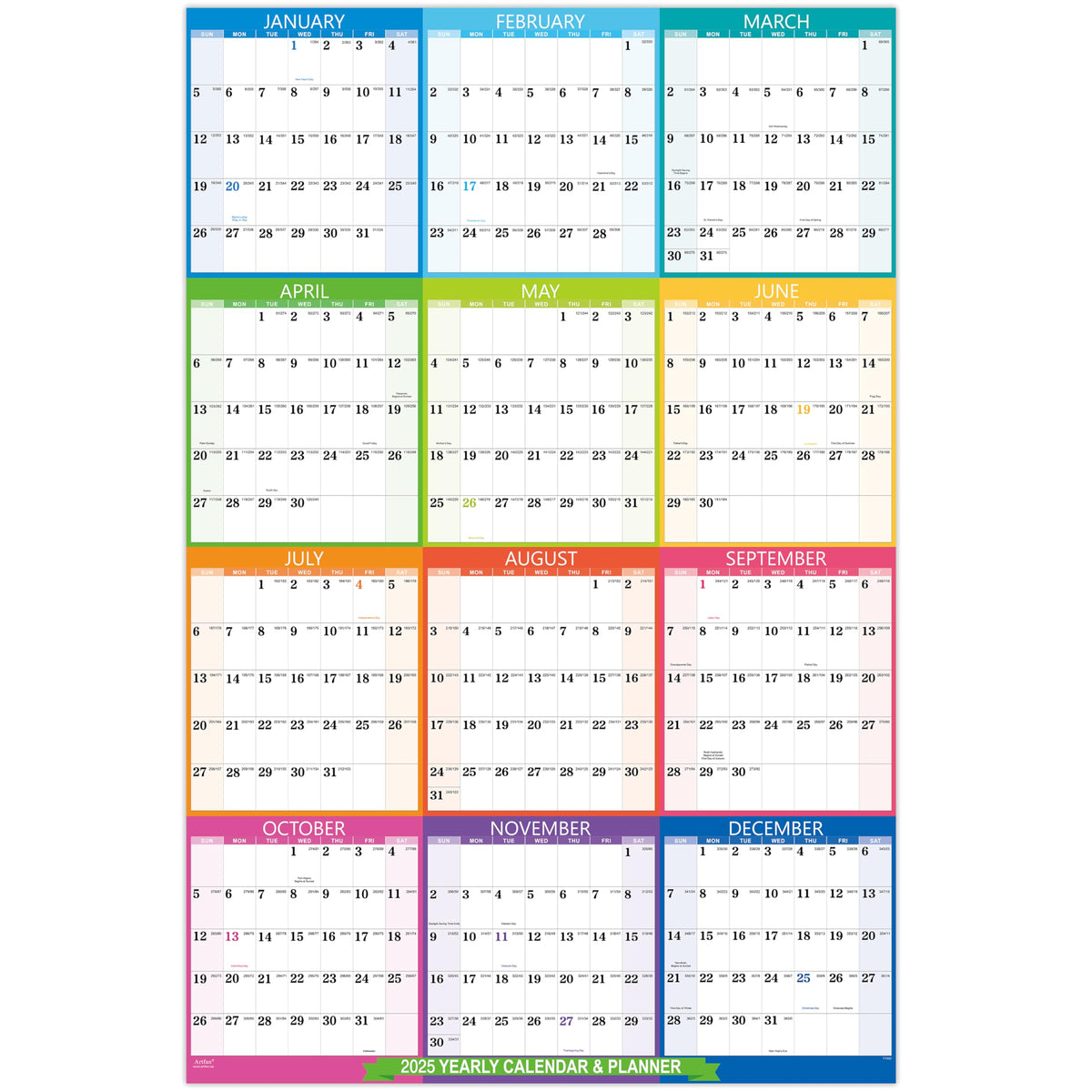 2025 Yearly Wall Calendar - 2025 Wall Calendar with Julian Date, Jan 2025 - Dec 2025, One Page for Organizing, Premium Thick Paper, Vertical, Gift Pocket, 34.8" x 22.8" (Open) - Colorful