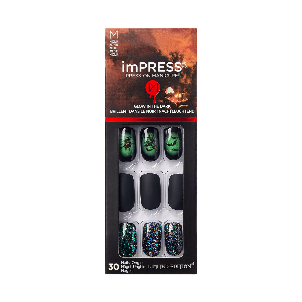 KISS imPRESS Limited Edition Halloween Press-On Nails, Glow-In-The-Dark, PureFit Technology, ‘Bone appetit’, with Prep Pad, Mini File, Cuticle Stick, & 30 Fake Nails