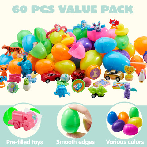 JOYIN 60 Pcs Pre Filled Easter Eggs with Toys Combo Set, 12 3.25ÃƒÂ¢Ã¢â€šÂ¬Ã‚Â Eggs and 48 2.2ÃƒÂ¢Ã¢â€šÂ¬Ã‚Â Eggs, Bright Colors Easter Eggs for Easter Basket Stuffers, Easter Party Favors, Easter Egg Hunt, Classroom Events