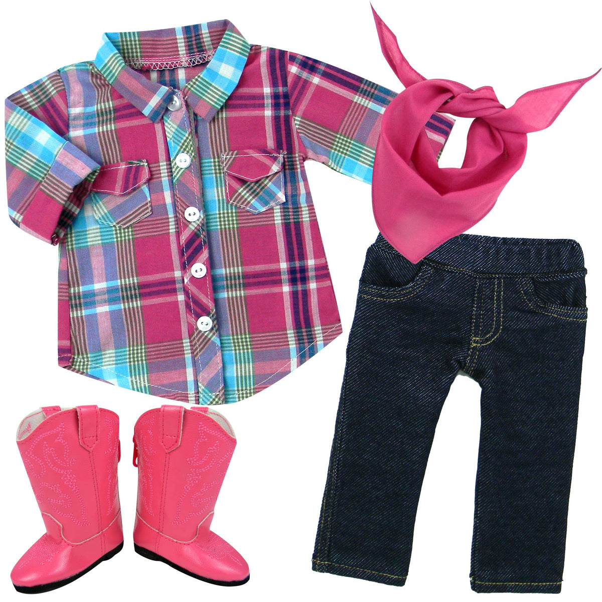 Sophia's 18" Doll 4 pc. Western Outfit Plaid Shirt, Jeggings, Pink Boots and Bandana Outfit, Multicolor