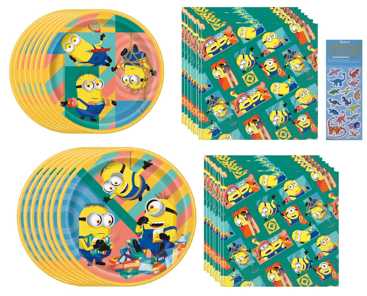 Despicable Me Birthday Party Supplies Bundle Pack includes 8 Dessert Plates 7", 8 Lunch Plates 9", 32 Lunch Napkins 6.5", 1 Dinosaur Sticker Sheet
