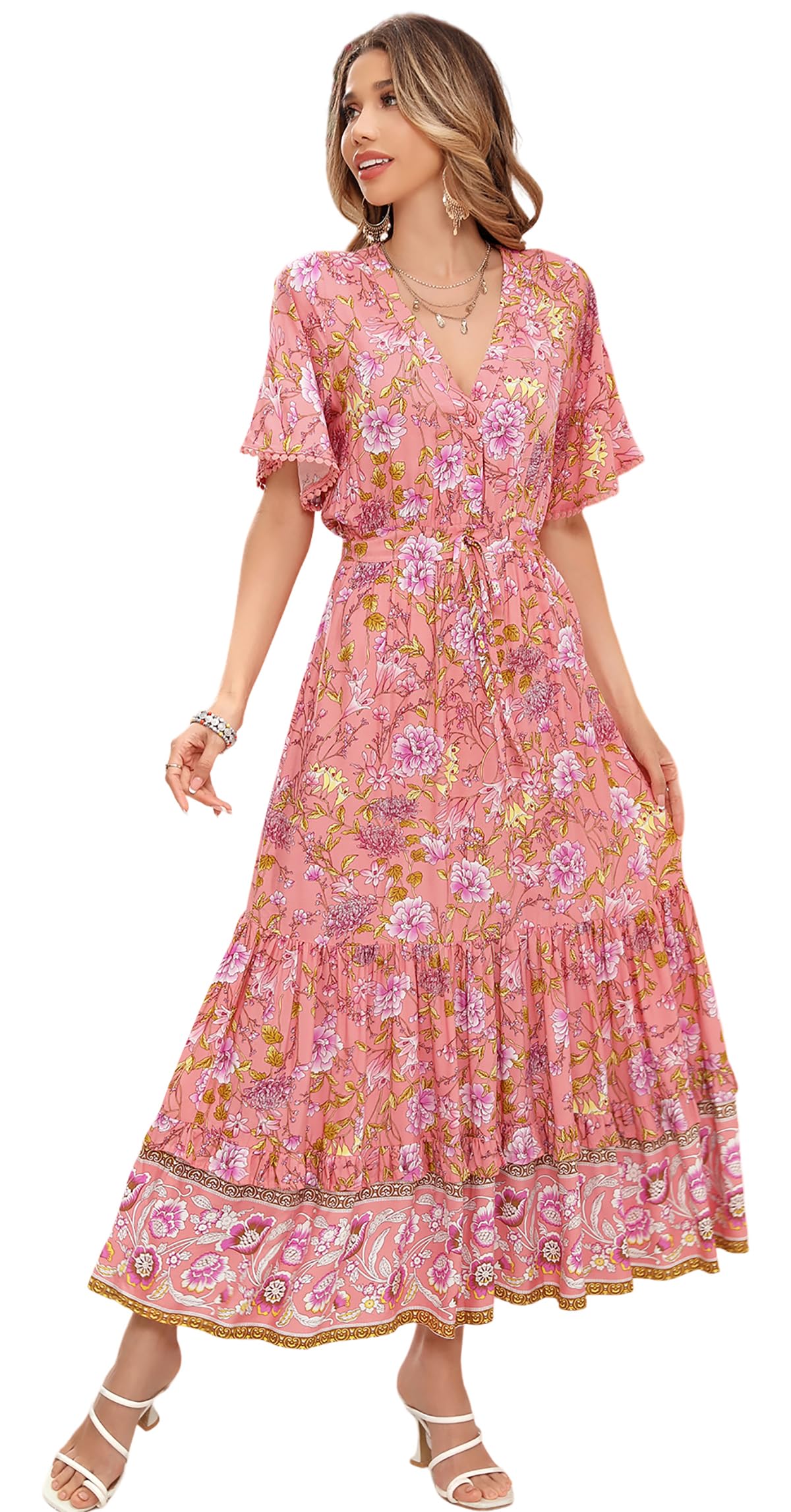 R.Vivimos Women's Summer Boho V Neck Button Up Short Sleeve Bohemian Print Ruffle Hem Beach Style Long Maxi Dress Vacation Dress(Large,CoralPink)