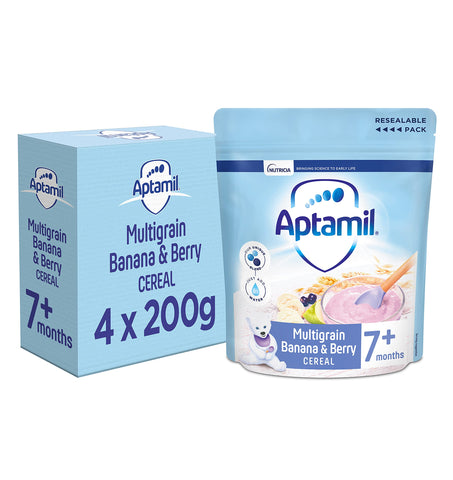 Aptamil Multigrain Banana & Berry Porridge Baby Food Cereal, 7+ Months, 200g (Pack of 4)
