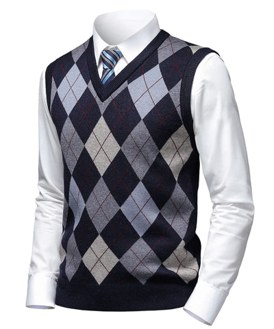 Herothorn Mens Thick Argyle Sweater Vests Classic V-Neck Knitwear Sleeveless Pullover Autumn Winter Warm Tank Tops Navy Blue