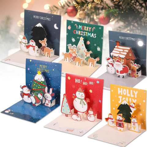 Pack of 6 Christmas Cards, Pop Up Card Christmas Funny 3D Christmas Card Christmas Pop Up Greeting Card Set Handmade Pop Up Christmas Greeting Card with Envelopes and Stickers for Children Family
