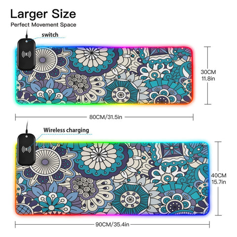 Boho Floral Wireless Charging Mouse Pad for Mobile Phone Extra Large Gaming Mousepad with 13 Lighting Modes Keyboard Mat for Gaming MacBook PC Laptop Desk Office Home