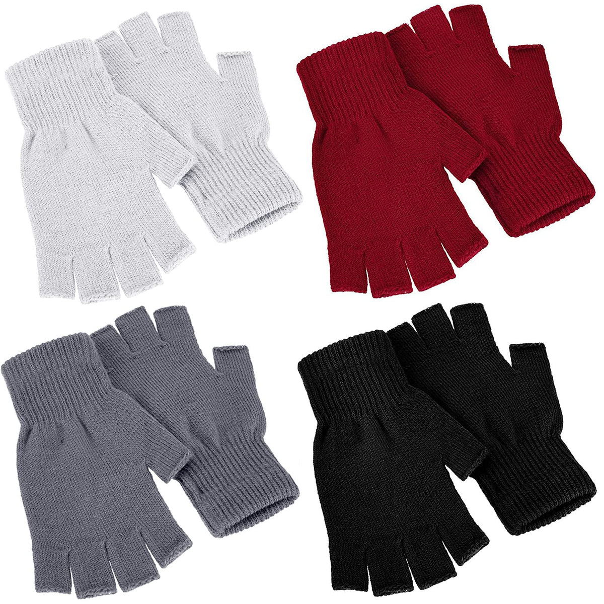 SATINIOR 4 Pairs Winter Half Finger Gloves Knitted Fingerless Mittens Warm Stretchy Gloves for Men and Women (Black, Red, White, Dark Grey)