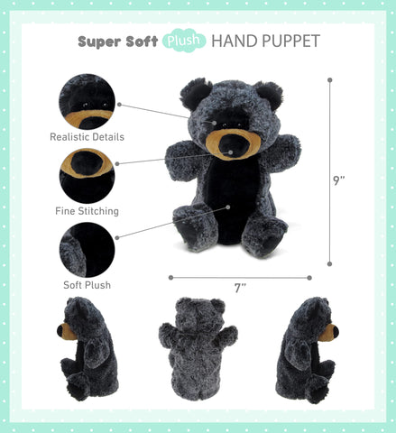 DolliBu Black Bear Plush Hand Puppet for Kids - Soft Plush Stuffed Animal Hand Puppet Toy, Puppet Show Games Puppet Theaters for Kids, Adult Cute Puppets Educational Toy to Teach Children & Toddlers