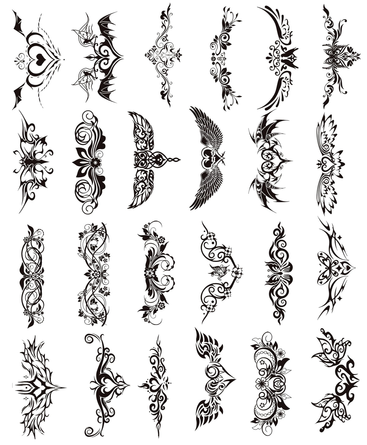 Naughty Bold Girl Tattoos - 24-Sheet Black Flower Wing Temporary Tattoos for Women Ladies Girls, Fun for Lower Back Legs Arms Butt Stomach Fake Tattoo