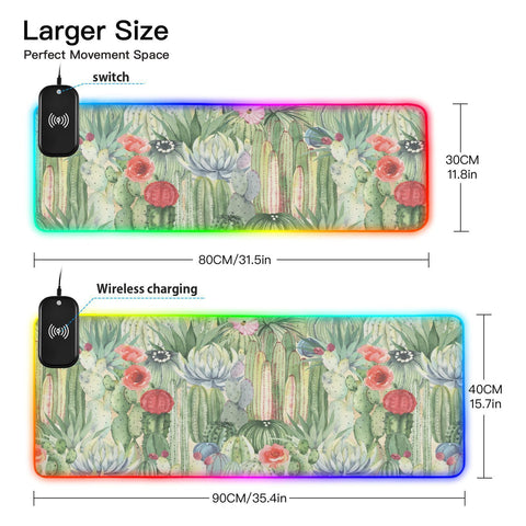 Floral Cactus Succulents Wireless Charging Mouse Pad for Mobile Phone Extra Large Gaming Mousepad with 13 Lighting Modes Computer Mat for Gaming MacBook PC Laptop Desk Home Office