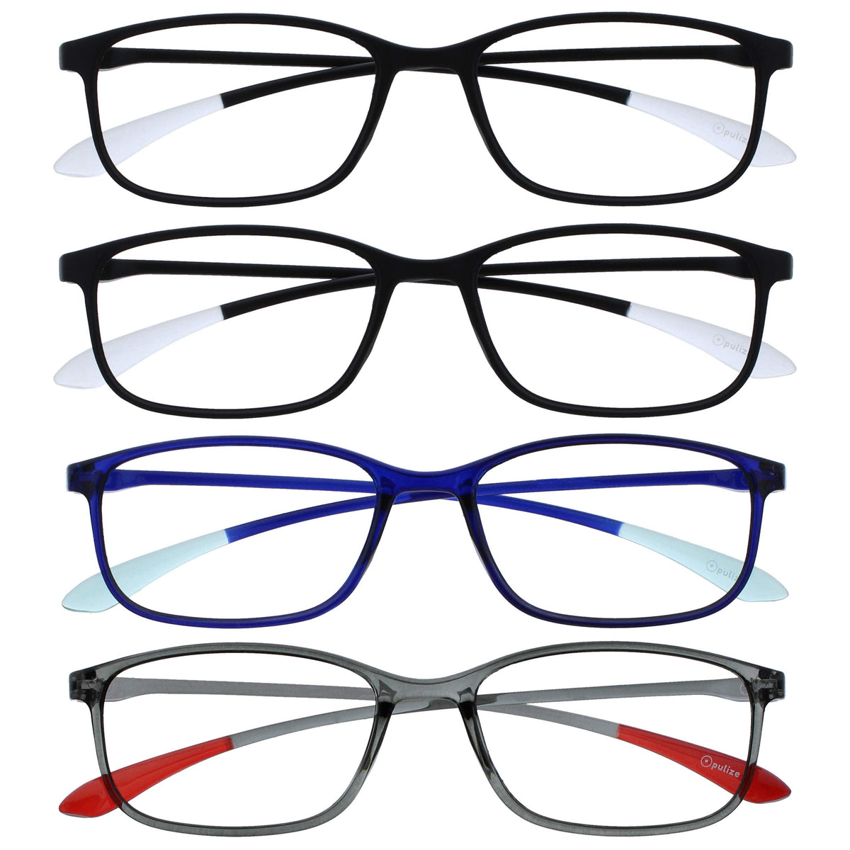 OPULIZE Ice Reading Glasses 4 Pack Ultra Lightweight Scratch Resistant Black Blue Grey Frame Mens Womenss RRRR61-1137 +1.00