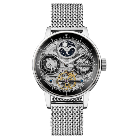 Ingersoll 1892 The Jazz Mens 42mm Automatic Moonphase Watch with Black Skeleton Dial and Milanese Mesh Bracelet I07708